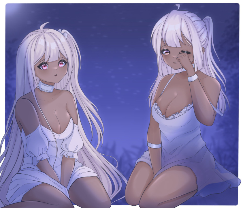 2girls bare_shoulders blue_background borrowed_character breasts brown_eyes character_request choker cleavage dress highres long_hair lu_yuui medium_breasts mia_(scott_malin) multiple_girls original pink_eyes ponytail sidelocks sitting strap_slip strapless strapless_dress very_long_hair white_choker white_dress