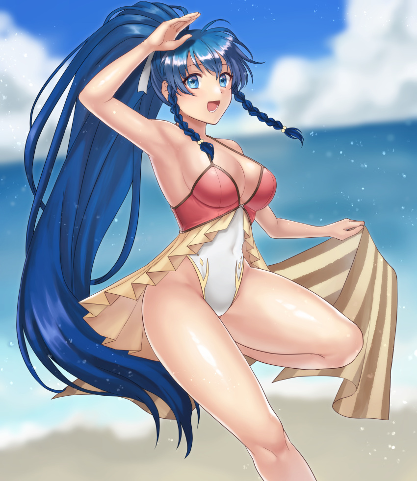 :d absurdres alternate_costume arm_up armpits bare_shoulders beach blue_eyes blue_hair blurry blurry_background braid breasts cleavage commentary cowboy_shot day depth_of_field female fire_emblem fire_emblem:_the_sacred_stones fire_emblem_heroes hazuki_(nyorosuke) highres large_breasts long_hair ocean official_alternate_costume one-piece_swimsuit open_mouth outdoors ponytail showgirl_skirt side_braids smile solo swimsuit tana_(fire_emblem) tana_(summer)_(fire_emblem) twin_braids very_long_hair