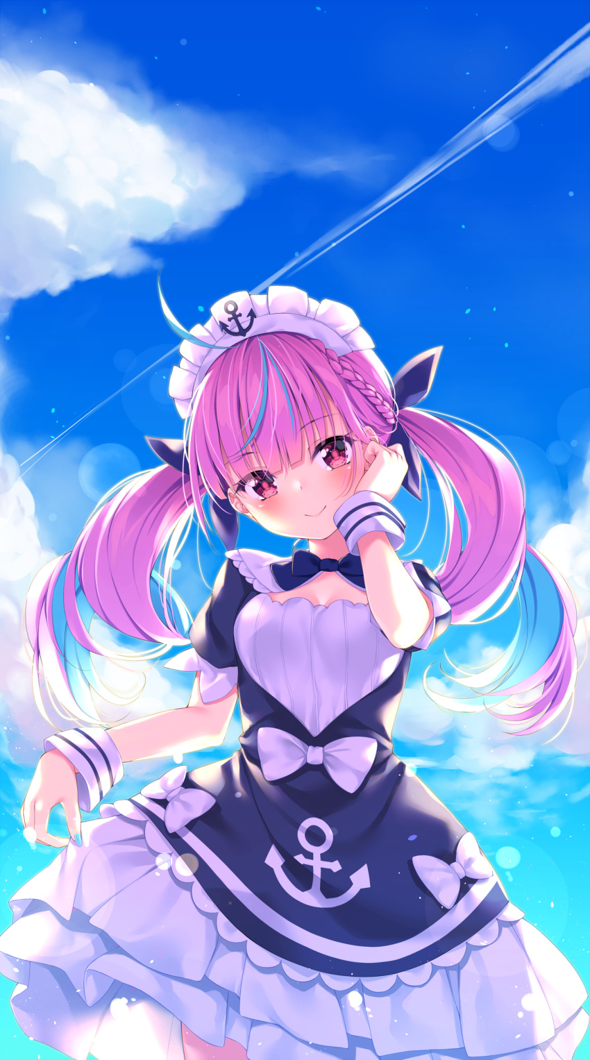 absurdres ahoge anchor_symbol blue_bow blue_bowtie blue_hair blue_nails blush bow bowtie braid chiyonekoko cloud colored_inner_hair commentary contrail day dress female hair_ribbon hand_on_own_cheek hand_on_own_face head_tilt highres hololive long_hair looking_at_viewer maid_headdress minato_aqua minato_aqua_(1st_costume) multicolored_hair nail_polish pink_hair purple_eyes ribbon short_sleeves skirt_hold smile solo streaked_hair twintails two-tone_hair virtual_youtuber white_bow wrist_cuffs