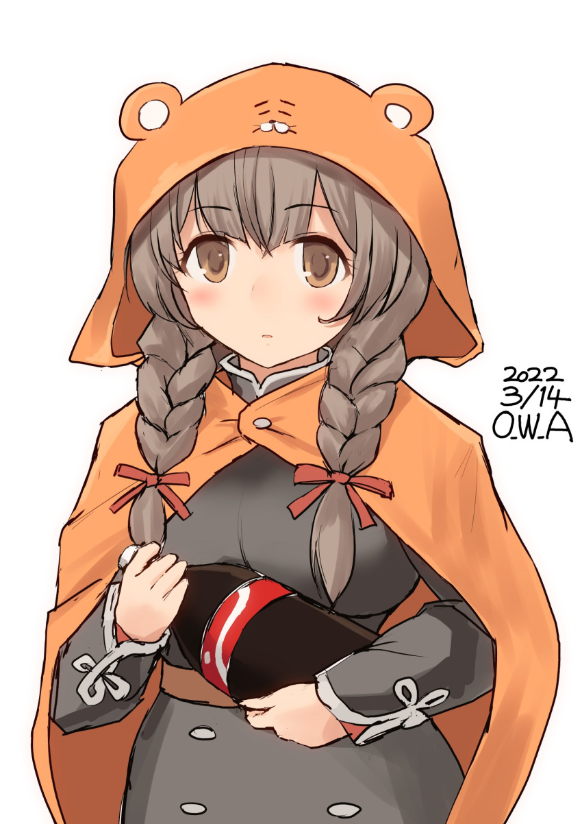 artist_name bottle braid brown_dress brown_hair cape cola cosplay dated doma_umaru doma_umaru_(cosplay) dress female hamster_hood highres himouto!_umaru-chan holding hood kantai_collection long_hair one-hour_drawing_challenge orange_cape owa_(ishtail) pun shinshuu_maru_(kancolle) simple_background soda_bottle solo twin_braids upper_body white_background