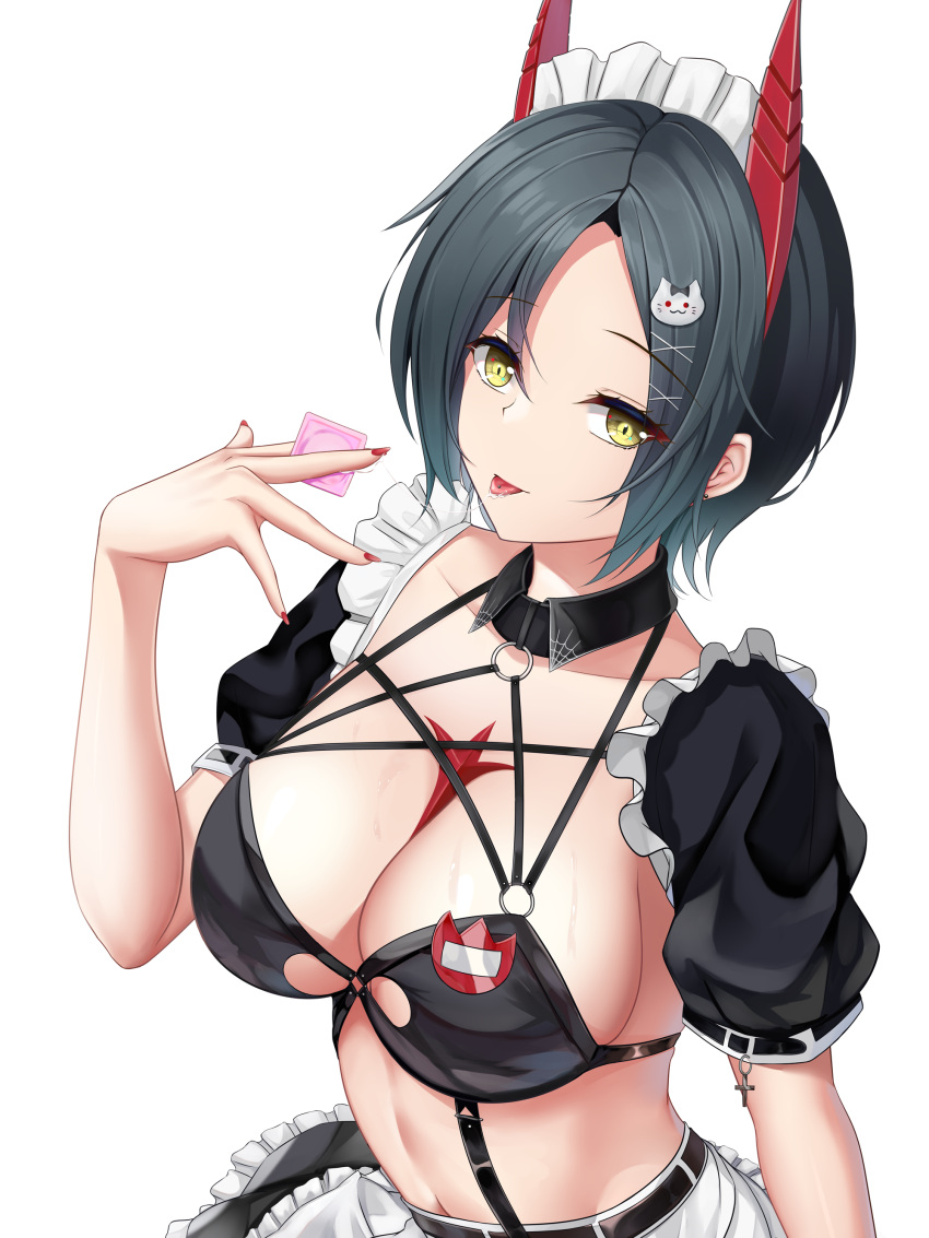 absurdres apron azur_lane bikini black_hair black_skirt breast_strap breasts cat_hair_ornament chinese_commentary cleavage collarbone commentary_request condom condom_wrapper cowboy_shot detached_collar earrings female frilled_apron frilled_skirt frills gradient_hair hair_between_eyes hair_ornament hand_up highres holding holding_condom horns jewelry looking_at_viewer maid maid_bikini maid_headdress medium_breasts midriff multicolored_hair name_tag navel o-ring o-ring_top official_alternate_costume piercing puffy_short_sleeves puffy_sleeves red_horns red_nails saliva saliva_trail shenqi_(toid310) short_hair short_sleeves sidelocks simple_background skirt smile solo standing sweat swimsuit tongue tongue_out tongue_piercing ulrich_von_hutten_(azur_lane) ulrich_von_hutten_(mayhem_maid)_(azur_lane) unconventional_maid white_apron white_background yellow_eyes