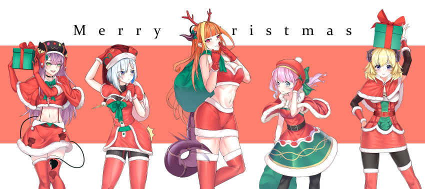 5girls :> :t absurdres alternate_costume amane_kanata antlers arm_warmers arms_up bandeau belt beret bibi_(tokoyami_towa) black_pantyhose blonde_hair bow box_on_head capelet christmas cowboy_shot crop_top demon_tail dragon_horns dragon_tail dress elbow_gloves fur-trimmed_arm_warmers fur-trimmed_capelet fur-trimmed_gloves fur-trimmed_jacket fur-trimmed_legwear fur_trim gift gloves green_bow green_eyes grin hand_in_own_hair hand_on_headwear hand_on_own_hip hand_to_own_mouth hat highres himemori_luna holding holding_gift holding_sack holoforce hololive horns jacket kiryu_coco long_hair looking_at_another looking_at_viewer looking_to_the_side medium_hair merry_christmas midriff motion_blur multicolored_hair multiple_girls navel pantyhose parted_lips pink_eyes pink_hair purple_eyes purple_hair red_bandeau red_dress red_eyes red_gloves red_skirt reindeer_antlers sack santa_costume santa_dress santa_gloves santa_hat sheep_horns short_hair_with_long_locks simple_background skirt smile streaked_hair tail tail_slapping therrao thighhighs thighhighs_over_pantyhose thighs tokoyami_towa tsunomaki_watame tsurime very_long_hair virtual_youtuber white_hair zettai_ryouiki