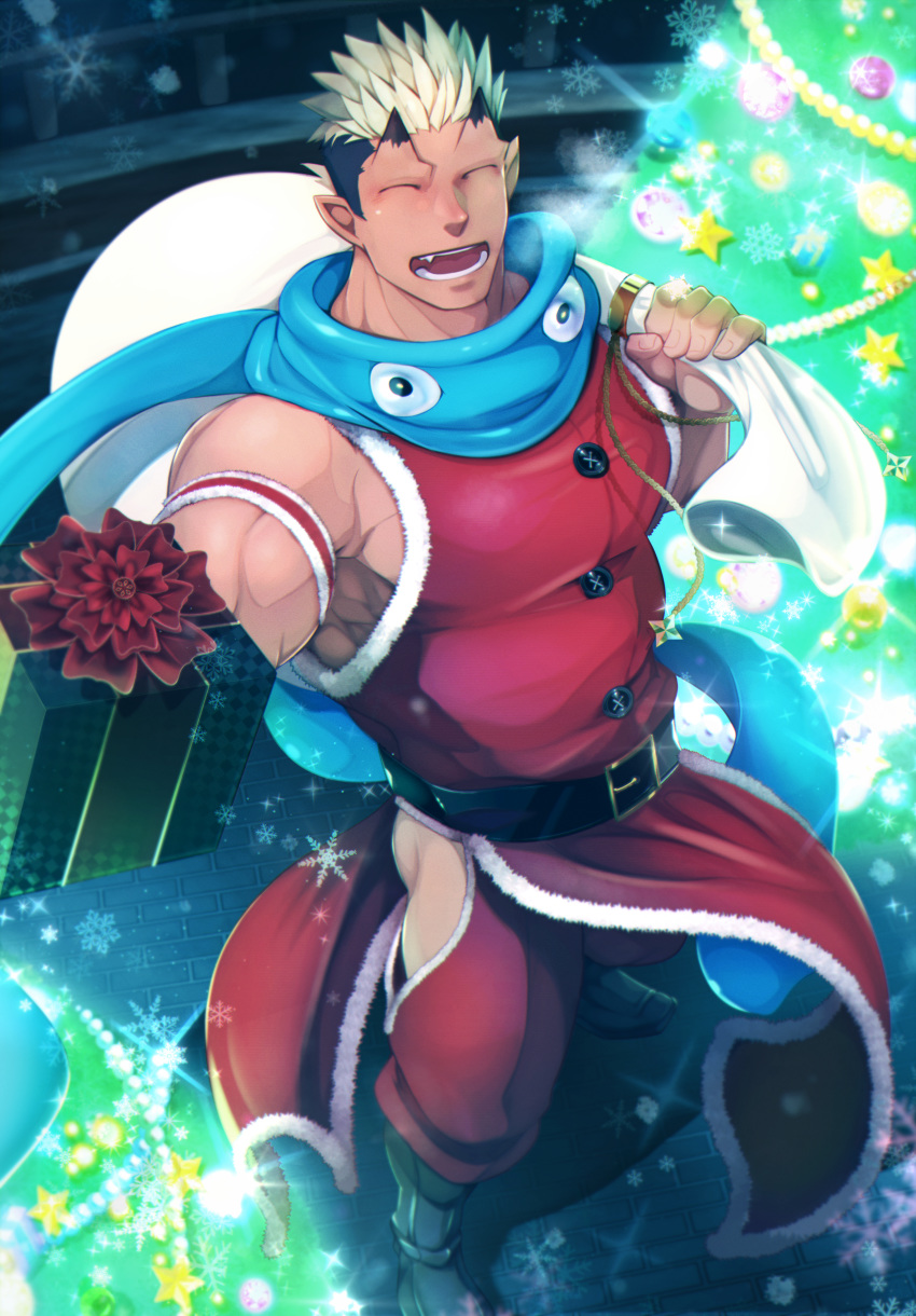 1boy ^_^ absurdres alternate_costume ass bara black_hair blonde_hair blush bulge christmas christmas_tree closed_eyes clothing_cutout commentary_request crow_(siranui) facing_viewer foreshortening gift gift_bag glowing hat highres hip_vent holding holding_gift horns incoming_gift jiraiya_(housamo) large_pectorals male_focus multicolored_hair muscular muscular_male nipples oerba_yun_fang oni partial_commentary pectorals pelvic_curtain red_shirt santa_costume santa_hat shirt short_hair skin-covered_horns sleeveless sleeveless_jacket smile solo spiked_hair thigh_cutout thighs tokyo_afterschool_summoners two-tone_hair