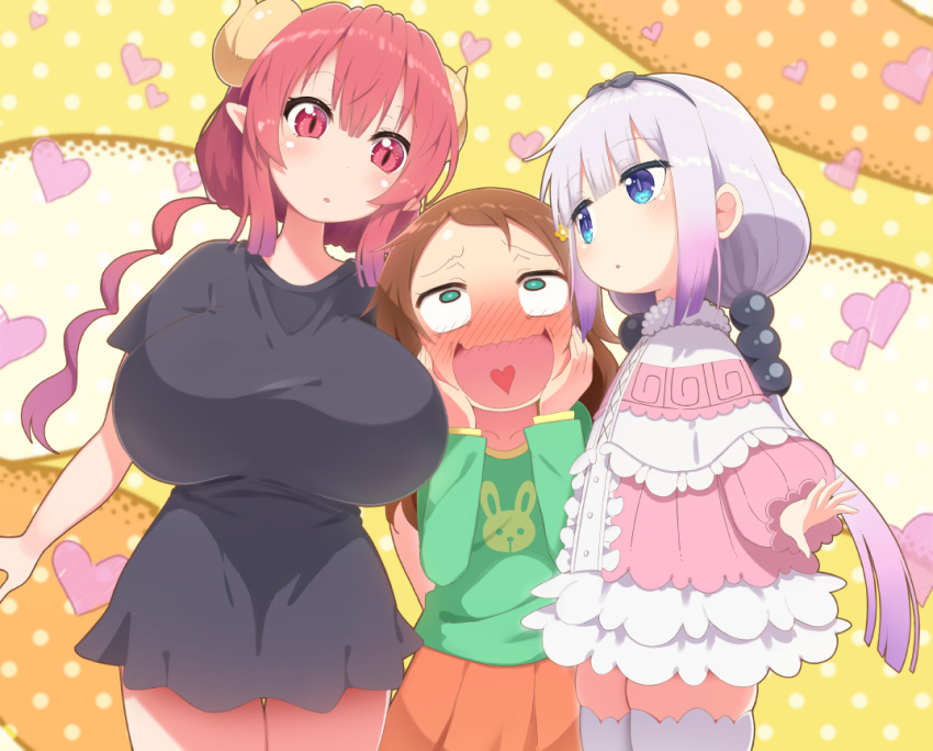 3girls black_shirt blue_eyes blush bohegao breasts brown_hair capelet commentary dragon_girl dragon_horns etyaduke forehead frilled_capelet frills girl_sandwich green_eyes green_shirt heart heart_in_mouth horns huge_breasts ilulu_(maidragon) kanna_kamui kobayashi-san_chi_no_maidragon long_hair long_sleeves low_twintails multiple_girls open_mouth orange_skirt parted_lips pointy_ears purple_hair red_eyes red_hair saikawa_riko sandwiched shirt skirt slit_pupils thighhighs twintails white_thighhighs