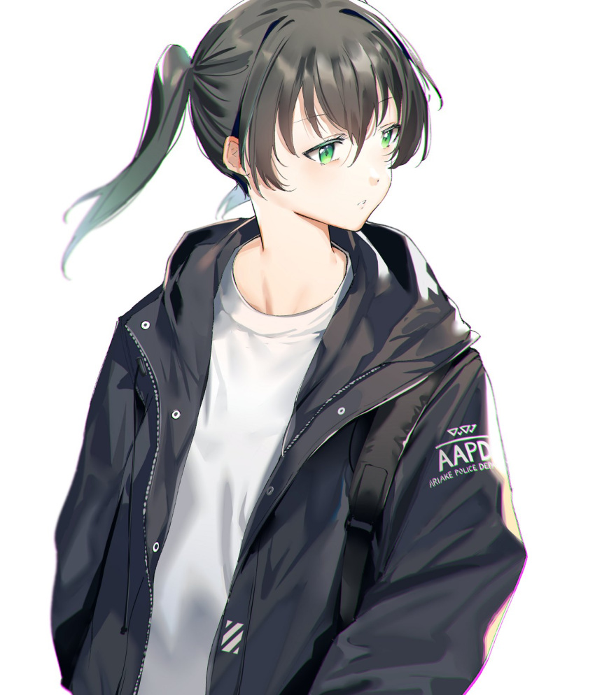 bag black_hair black_hoodie buttons female gradient_hair green_eyes green_hair hair_between_eyes highres hood hoodie looking_away love_live! love_live!_nijigasaki_high_school_idol_club medium_hair multicolored_hair orihi_chihiro shirt simple_background solo streaked_hair takasaki_yu twintails two-tone_hair white_background white_shirt