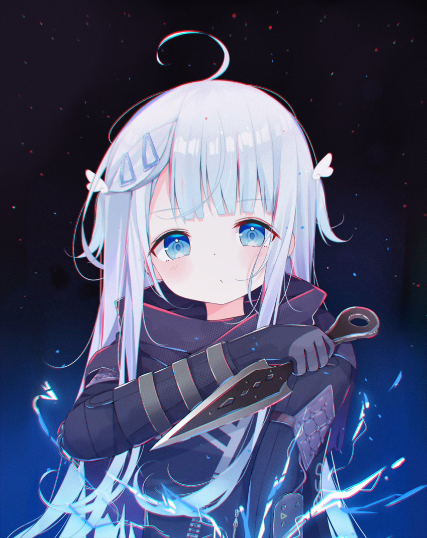 ahoge amatsuka_uto apex_legends black_bodysuit black_scarf blue_eyes bodysuit breasts closed_mouth commentary cosplay deyui duplicate female hair_ornament hairclip highres holding holding_weapon hope's_dusk_(apex_legends) indie_virtual_youtuber kunai long_hair pixel-perfect_duplicate scarf small_breasts solo two_side_up upper_body virtual_youtuber weapon white_hair wing_hair_ornament wraith_(apex_legends) wraith_(apex_legends)_(cosplay)