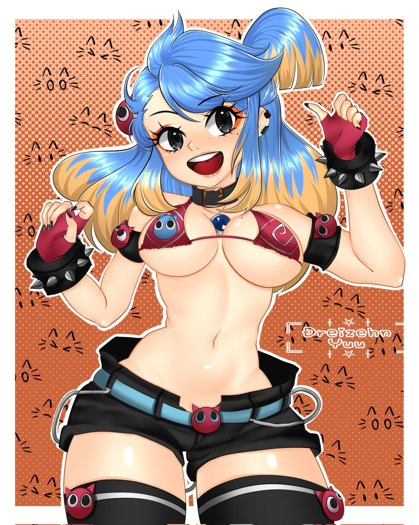 artist_name belt bikini bikini_top_only black_choker black_eyes black_shorts black_thighhighs blonde_hair blue_belt blue_hair border borrowed_character bracelet breasts breasts_apart cat_girl choker cowboy_shot dreizehnyuu ear_piercing earrings female fingerless_gloves gloves hair_ornament halftone highres jewelry medium_breasts multicolored_hair open_mouth original outline piercing print_bikini red_gloves shorts smile solo spiked_bracelet spikes stray_(scott_malin) swimsuit thighhighs thumbs_up two-tone_hair white_border white_outline