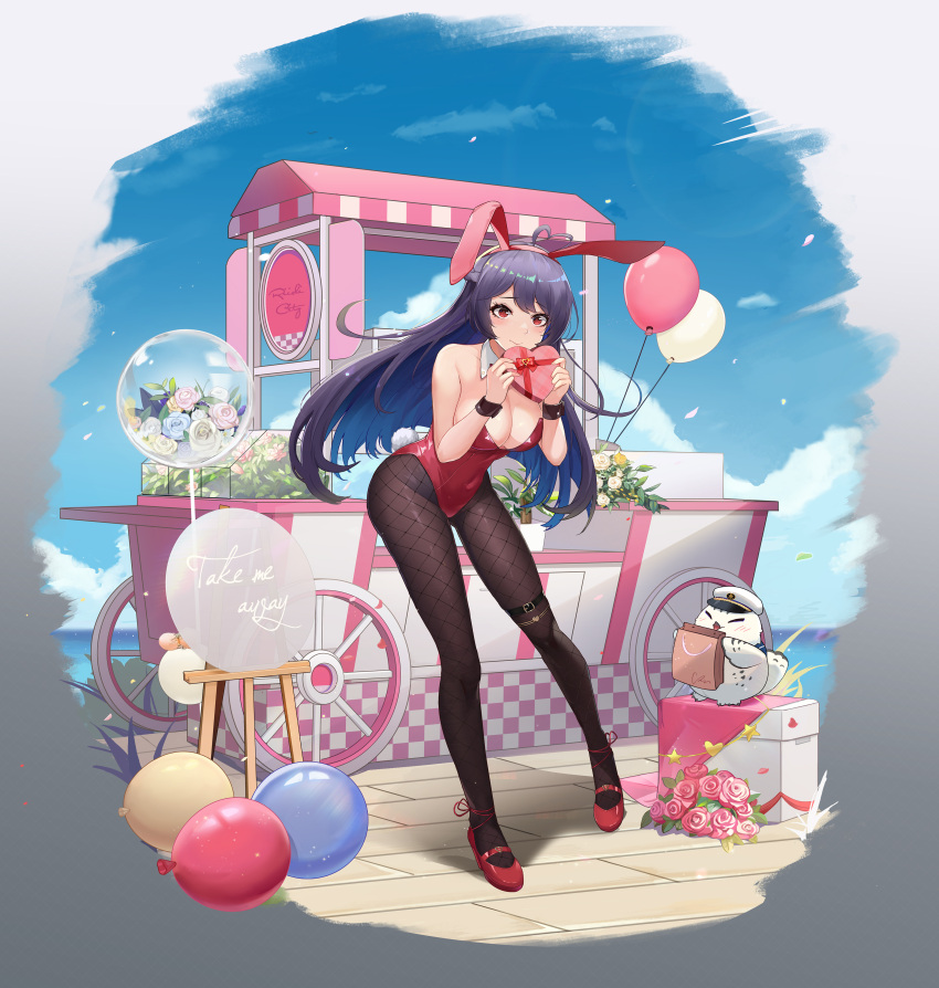 absurdres animal_ears balloon black_hair black_legwear blue_sky bow bowtie breasts cart cleavage cloud commentary creature day detached_collar female fishnet_pantyhose fishnets flower full_body highres horizon l.bou large_breasts leotard looking_at_viewer ocean official_art outdoors pantyhose playboy_bunny rabbit_ears rabbit_tail red_eyes red_footwear red_leotard riichi_city rose sky strapless strapless_leotard tail toho_nagi_(riichi_city) wrist_cuffs