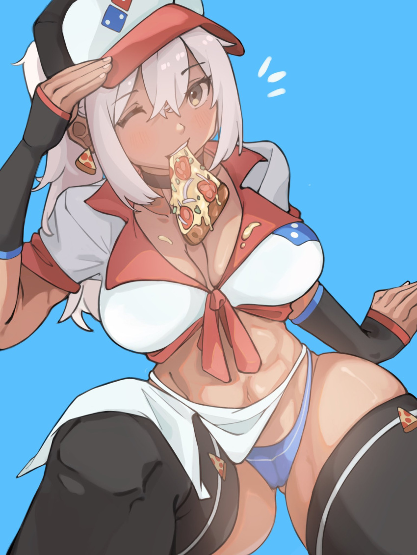 abs arm_up black_thighhighs blue_background blue_panties borrowed_character breasts breasts_apart brown_eyes domino's_pizza earrings eating female food food-themed_earrings highres jewelry long_hair looking_at_viewer mia_(scott_malin) mouth_hold one_eye_closed original panties pizza ponytail print_headwear print_shirt shirt short_sleeves sidelocks simple_background solo thighhighs tied_shirt underwear white_hair white_nails yangyu03