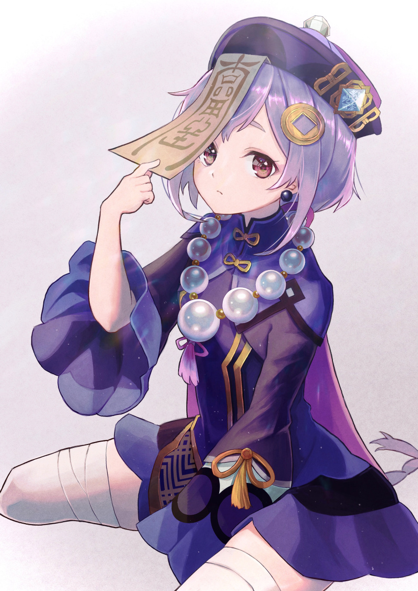 absurdres bead_necklace beads braid brown_eyes cape chinese_clothes coin_hair_ornament commentary female genshin_impact grey_background hair_ornament hat highres holding holding_paper jewelry jiangshi long_hair long_sleeves looking_at_viewer low_ponytail muitarou necklace ofuda paper pulling pulling_own_clothes purple_hair qingdai_guanmao qiqi_(genshin_impact) shorts sidelocks simple_background single_braid sitting solo thighhighs vision_(genshin_impact) wariza white_thighhighs zettai_ryouiki