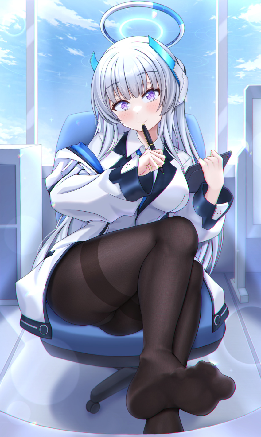 absurdres black_pantyhose blazer blue_archive blue_necktie blush breasts coat collared_shirt feet female foot_out_of_frame formal grey_hair halo highres hood hooded_coat id_card jacket large_breasts legs long_hair looking_at_viewer mechanical_halo miniskirt necktie no_shoes noa_(blue_archive) open_clothes open_coat panties panties_under_pantyhose pantyhose pleated_skirt purple_eyes reneua shirt sidelocks simple_background skirt soles solo suit toes two-sided_fabric two-sided_jacket underwear very_long_hair white_shirt white_suit