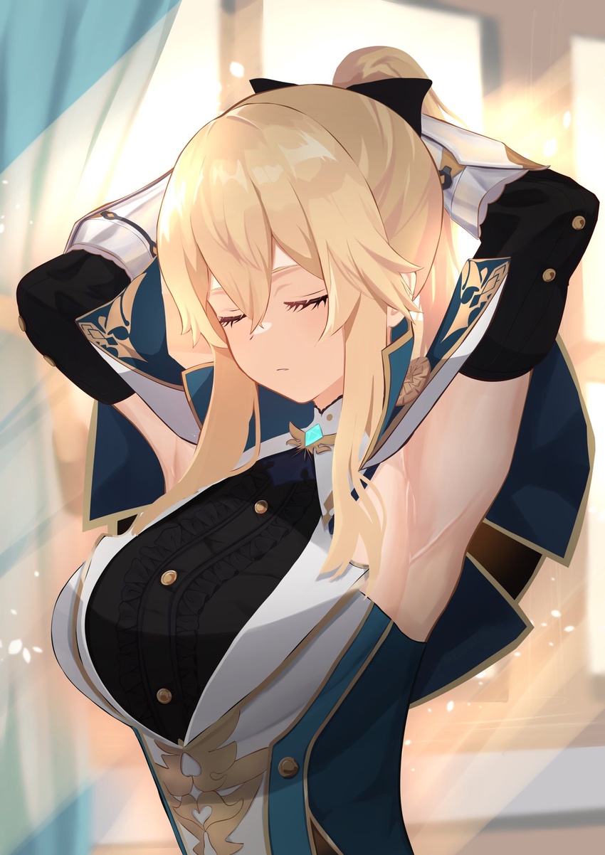 armpits arms_up blonde_hair blush bow breasts closed_eyes commentary_request female genshin_impact hair_between_eyes hair_ornament highres jean_(genshin_impact) jean_(gunnhildr's_legacy)_(genshin_impact) large_breasts long_hair ponytail solo takuancrewe tying_hair