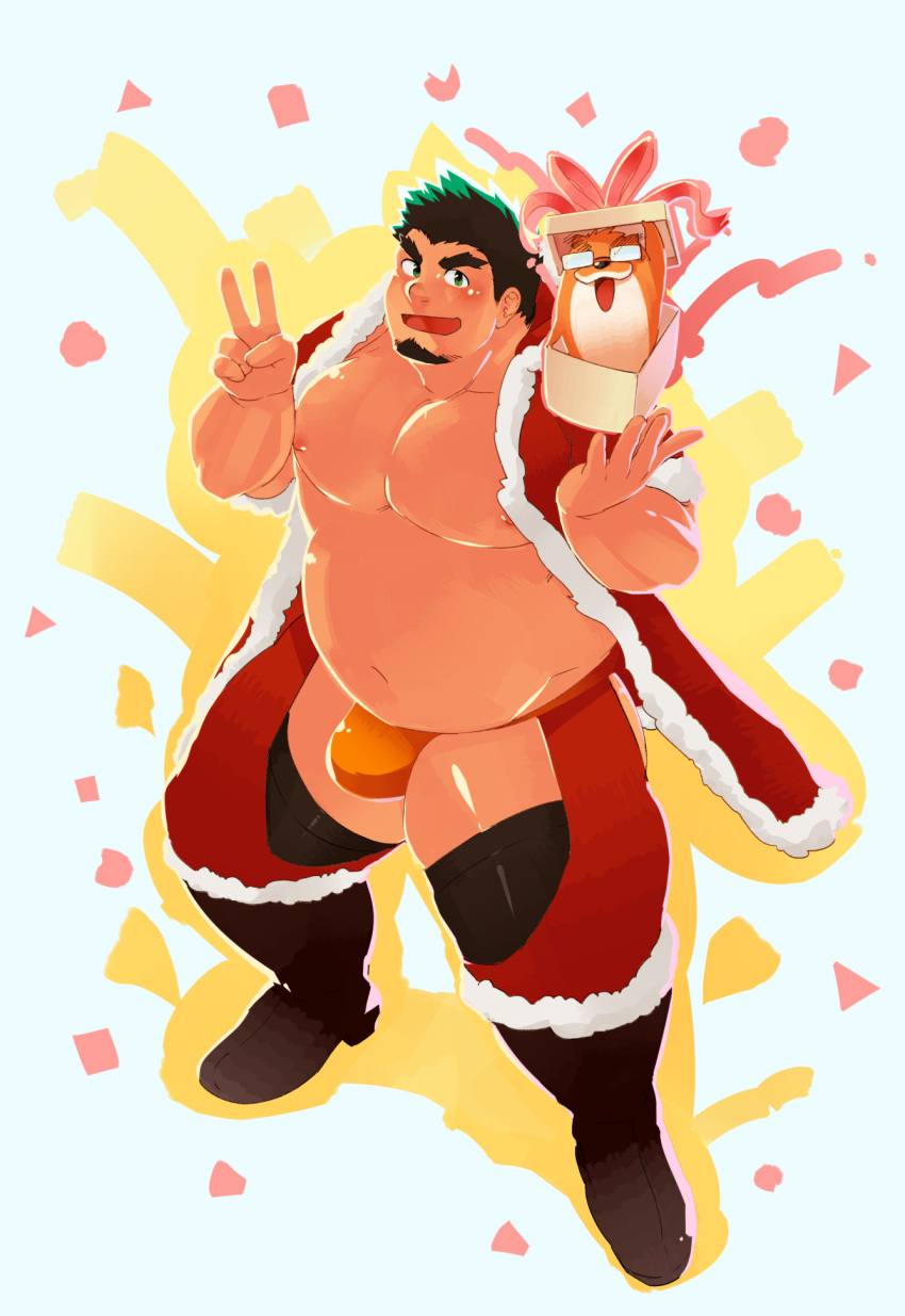 1boy abs artist_self-insert bara bare_pectorals belly bikini_briefs black_hair blush bulge christmas clothing_cutout crotchless crotchless_pants english_text facial_hair full_body fur-trimmed_jacket fur-trimmed_legwear fur_trim goatee gradient_hair green_hair hat higemorigen highres jacket large_pectorals looking_at_viewer male_focus male_underwear merry_christmas multicolored_hair muscular muscular_male navel nipples orange_male_underwear original pants pectorals plump santa_costume santa_hat short_hair solo textless_version thick_thighs thigh_cutout thighs underwear v