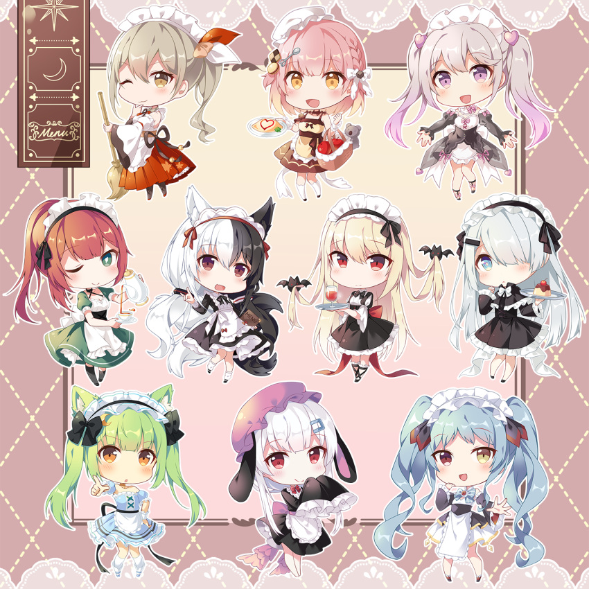 6+girls :d :o aki_rinco alice_mana animal_ear_fluff animal_ears apple apron bat_hair_ornament black_bow black_choker black_hair blonde_hair bow braid broom brown_bow brown_eyes brown_hair cake chibi choker chucolala coffee_pot cookie cup disposable_coffee_cup disposable_cup enfer_mirei food fox_ears fruit green_hair grey_hair hair_ornament hair_over_one_eye hair_ribbon hairband hat heart heart_hair_ornament highres hinata_cocomi hiseki_erio indie_virtual_youtuber juice kitsune koala komori_chiyu light_brown_hair long_hair looking_at_viewer maid maid_apron maid_headdress multicolored_hair multiple_girls noir_(noworld) noworld omelet omurice one_eye_closed open_mouth orange_eyes pink_bow pink_eyes pink_hair ponytail project-sp pudding_(project-sp) purple_eyes red_eyes ribbon shiina_nanoha shiro_kuma_shake smile tomato_juice twintails two-tone_hair two_side_up virtual_youtuber white_hair xinyue_bingbing