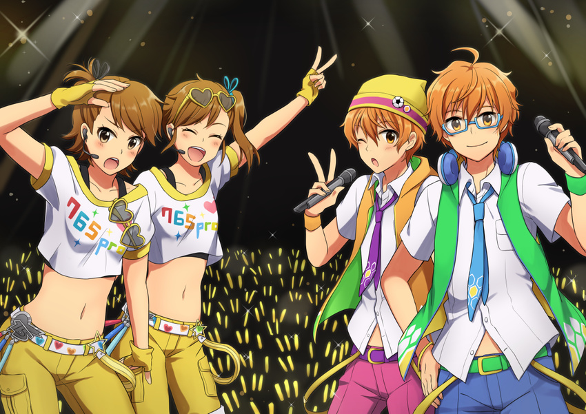 2boys 2girls ahoge aoi_kyosuke aoi_yusuke brothers brown_eyes brown_hair clothes_writing commentary_request eyewear_on_head fingerless_gloves futami_ami futami_mami glasses gloves glowstick green-framed_eyewear headphones headphones_around_neck headset idol idolmaster idolmaster_(classic) idolmaster_side-m microphone midriff multiple_boys multiple_girls navel orange_eyes orange_hair ponytail siblings sisters smile starting_brighty_(idolmaster) street_hopper_(idolmaster) sunglasses trait_connection twins uzuki_(sxk_uxk) w_(idolmaster) wristband