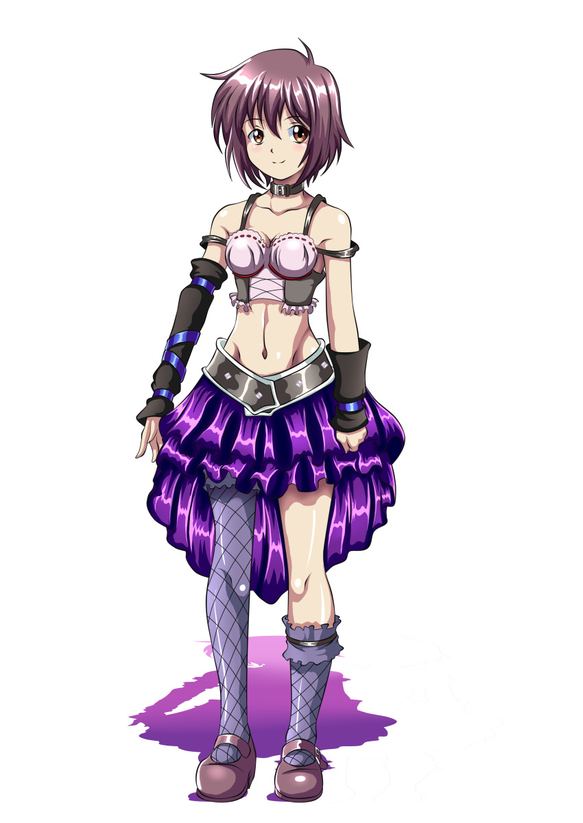 absurdres alternate_costume asymmetrical_legwear asymmetrical_sleeves bare_shoulders breasts collar collarbone commentary darthplegias detached_sleeves female full_body graphite_(medium) green_eyes highres midriff miniskirt nagato_yuki nagato_yuki-chan_no_shoushitsu navel purple_hair shoes short_hair simple_background skirt smile solo standing suzumiya_haruhi_no_shoushitsu suzumiya_haruhi_no_yuuutsu thighhighs traditional_media uneven_legwear uneven_sleeves