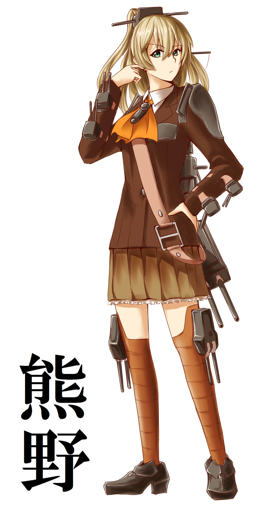 absurdres blazer blue_eyes blush brown_hair brown_thighhighs cannon commentary_request female full_body hair_ornament hairclip highres jacket kantai_collection kumano_(kancolle) long_hair ponytail school_uniform shao_(newton) skirt smile solo thighhighs turret