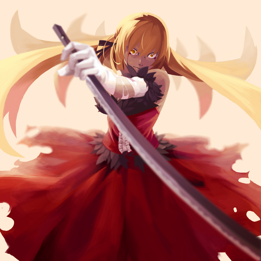 bare_shoulders blonde_hair blood commentary_request dress elbow_gloves female gloves highres kiss-shot_acerola-orion_heart-under-blade long_hair monogatari_(series) orange_cassis oshino_shinobu photoshop_(medium) sword weapon yellow_eyes