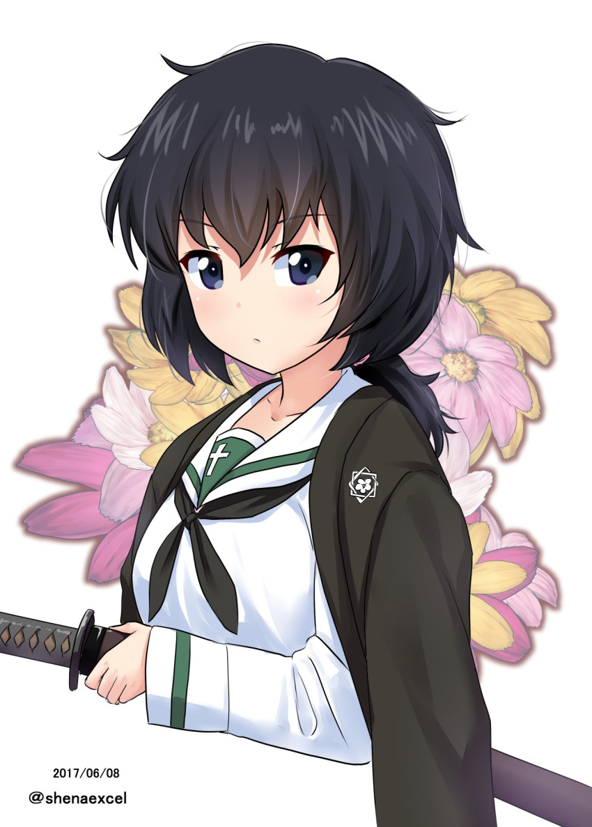 black_eyes black_hair black_neckerchief blouse closed_mouth commentary_request cosmos_(flower) cropped_torso dated female floral_background flower girls_und_panzer haori highres holding holding_sword holding_weapon japanese_clothes katana light_frown long_sleeves looking_at_viewer medium_hair messy_hair neckerchief no_eyewear octagram ooarai_school_uniform oryou_(girls_und_panzer) pink_flower purple_flower sakamoto_clan_(emblem) school_uniform serafuku shiina_excel shirt short_ponytail solo standing sword twitter_username upper_body weapon white_background white_flower white_shirt yellow_flower