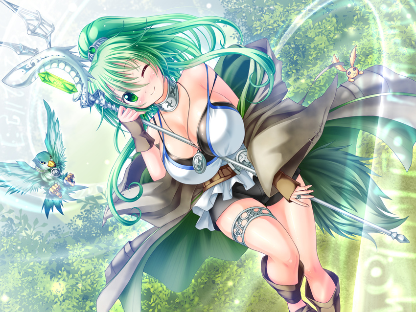 bare_shoulders belt between_breasts bird black_bra blush bra breasts choker cleavage duel_monster fantasy female garter green_eyes green_hair highres huge_breasts kogarashi_(artist) kogarashi_(wind_of_winter) long_hair looking_at_viewer magic magician nature necklace ponytail ring shirt shorts solo staff weapon wink wynn yu-gi-oh! yu-gi-oh! yugioh_5d's yugioh_gx