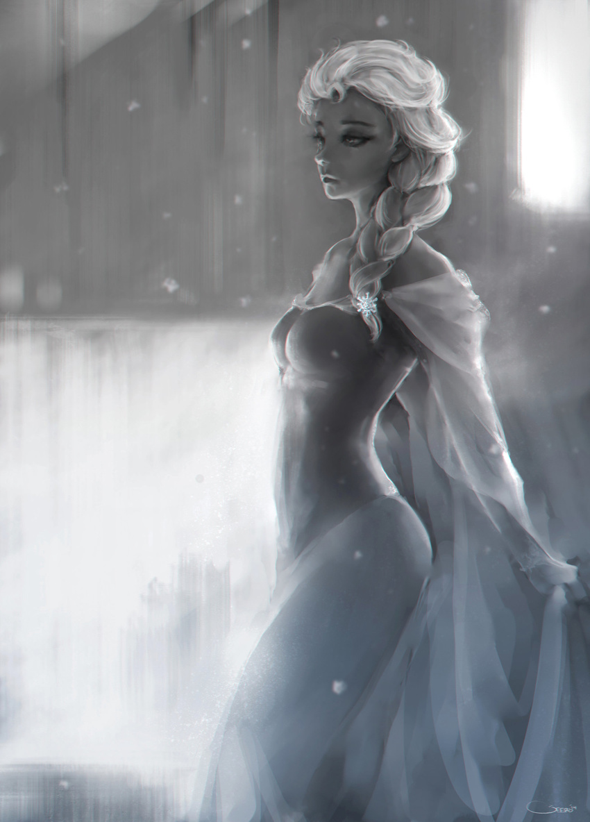 braid darren_geers dress elsa_(frozen) frozen_(disney) hair_over_shoulder highres monochrome single_braid snow solo