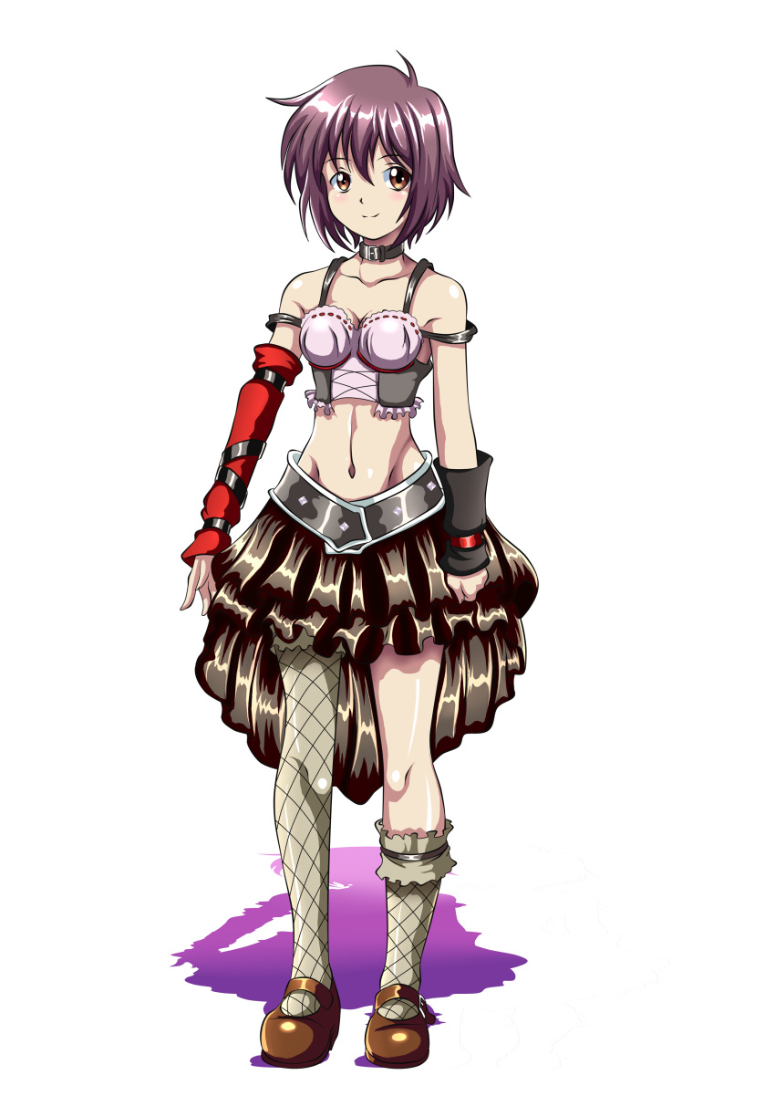 absurdres alternate_costume asymmetrical_legwear asymmetrical_sleeves bare_shoulders breasts collar collarbone commentary darthplegias detached_sleeves female full_body graphite_(medium) green_eyes highres midriff miniskirt nagato_yuki nagato_yuki-chan_no_shoushitsu navel purple_hair shoes short_hair simple_background skirt smile solo standing suzumiya_haruhi_no_shoushitsu suzumiya_haruhi_no_yuuutsu thighhighs traditional_media uneven_legwear uneven_sleeves