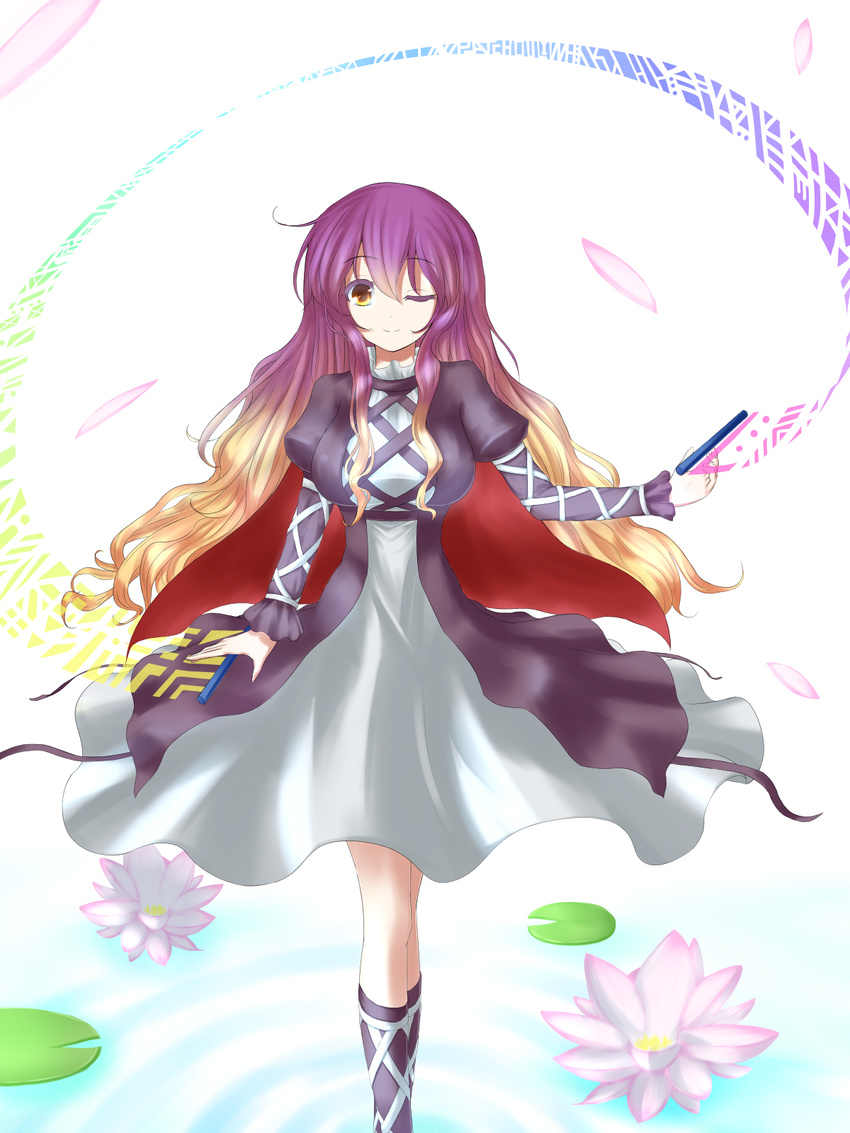 ;o blonde_hair breasts cape commentary_request cross-laced_clothes cross-laced_footwear dress feet_out_of_frame female flower gradient_hair highres hijiri_byakuren large_breasts lily_pad looking_at_viewer lotus multicolored_hair one_eye_closed orinpachu petals pink_flower purple_hair ripples solo sorcerer's_sutra_scroll touhou walking walking_on_liquid water white_dress yellow_eyes