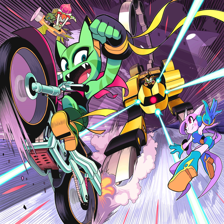 3girls absurdres boots carol_tea commander_torque fangs fingerless_gloves freedom_planet furry furry_female gashi-gashi gloves highres horns laser milla_basset motor_vehicle motorcycle multiple_girls official_art open_mouth photoshop_(medium) robot sash_lilac scarf serpentine_(freedom_planet) shorts smile tail