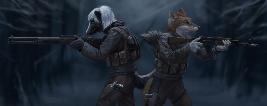 5_fingers ak-74 anthro assault_rifle black_body black_fur canid canine clothed clothing conditional_dnp detailed detailed_background detailed_fur digital_media_(artwork) duo fingers fox fur green_eyes gun hair holding_gun holding_object holding_ranged_weapon holding_weapon latex_(artist) m1014 mammal mephitid ranged_weapon red_fox rifle shotgun skunk standing tan_body tan_fur tan_hair true_fox weapon white_hair