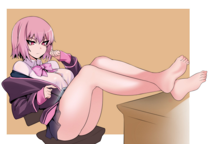 ass bare_legs barefoot black_skirt bow bowtie breasts button_gap collared_shirt commentary_request crossed_ankles feet feet_up female gridman_universe hevn jacket large_breasts legs light_purple_hair long_sleeves looking_down microskirt off_shoulder pleated_skirt purple_bow purple_bowtie purple_eyes purple_jacket school_uniform shinjou_akane shirt sitting skirt sleeves_past_wrists soles solo ssss.gridman tablet_pc tsurime white_shirt