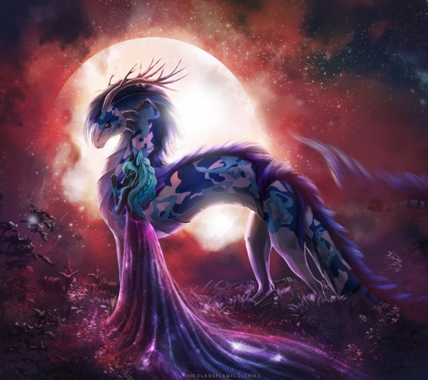 2018 asian_mythology blue_hair canid canine canis clothed clothing collaboration digital_media_(artwork) dragon dress duo east_asian_mythology eastern_dragon female flower freya_(zionsangel) fur hair horn lenika looking_at_viewer male mammal mane mythological_creature mythological_scalie mythology nikolaosflamel plant quinarth_snowtide_(eastern) rose_(flower) scalie tail tattoo wolf zionsangel