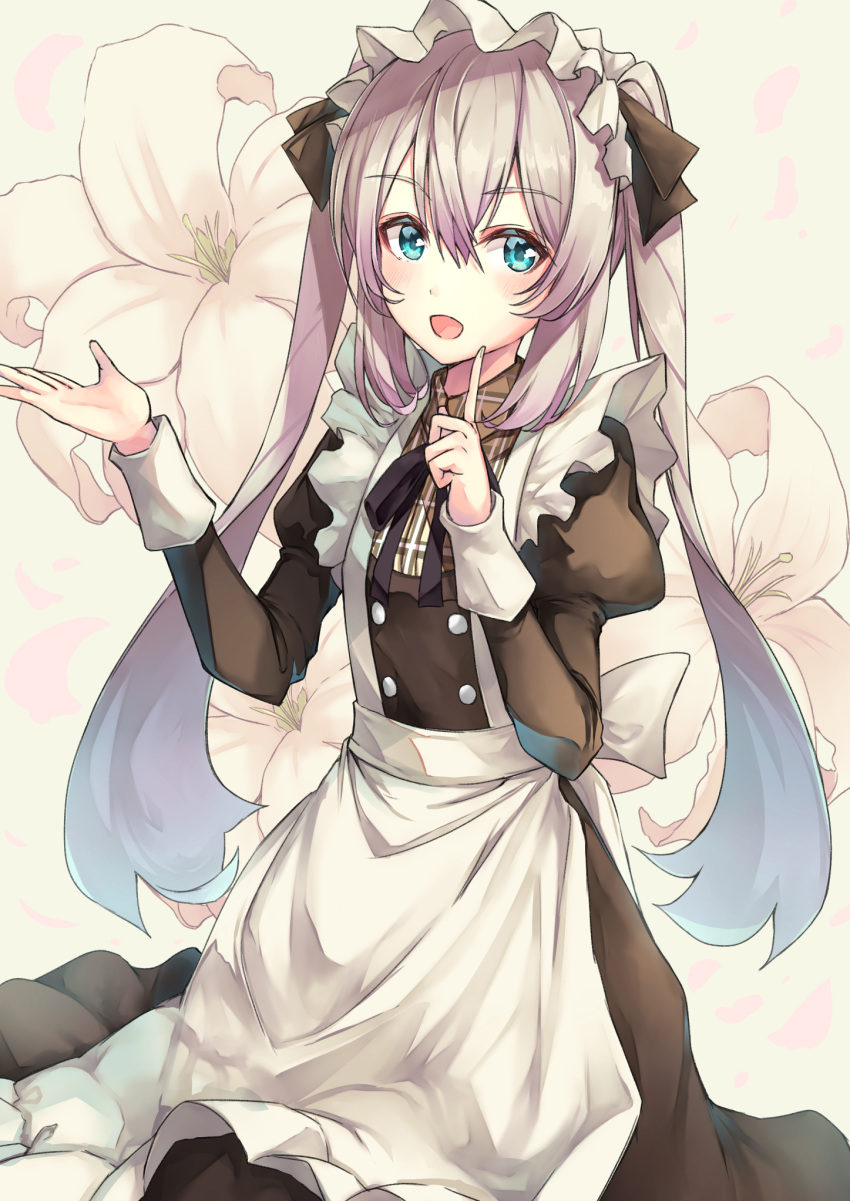 :d apron bad_id bad_pixiv_id black_ribbon black_shirt black_skirt blue_eyes commentary fate/grand_order fate_(series) female flower grey_hair hair_between_eyes highres index_finger_raised lily_(flower) long_hair long_skirt maid maid_headdress marie_antoinette_(animejapan_2016)_(fate) marie_antoinette_(fate) neck_ribbon official_alternate_costume open_mouth ranmaruuuu00 ribbon shirt skirt smile solo standing twintails very_long_hair white_apron white_flower