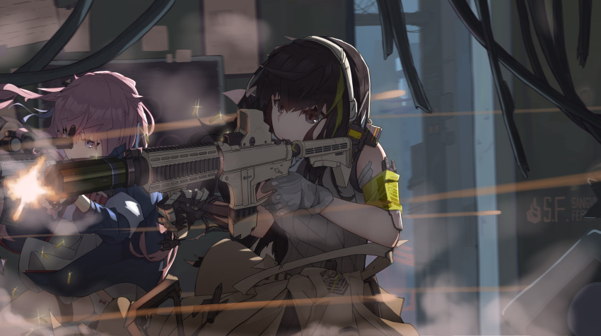 2girls action ar-15 armband assault_rifle blue_eyes breasts brown_eyes brown_hair closed_mouth clothes_around_waist commentary_request dress fingerless_gloves firing girls'_frontline gloves gun hair_between_eyes hair_ornament headphones highres holding holding_weapon indoors jacket jacket_around_waist long_hair m4_carbine m4a1_(girls'_frontline) magpul military multicolored_hair multiple_girls muzzle_flash one_side_up pink_hair rifle rlin scarf shell_casing side_ponytail sidelocks st_ar-15_(girls'_frontline) streaked_hair weapon