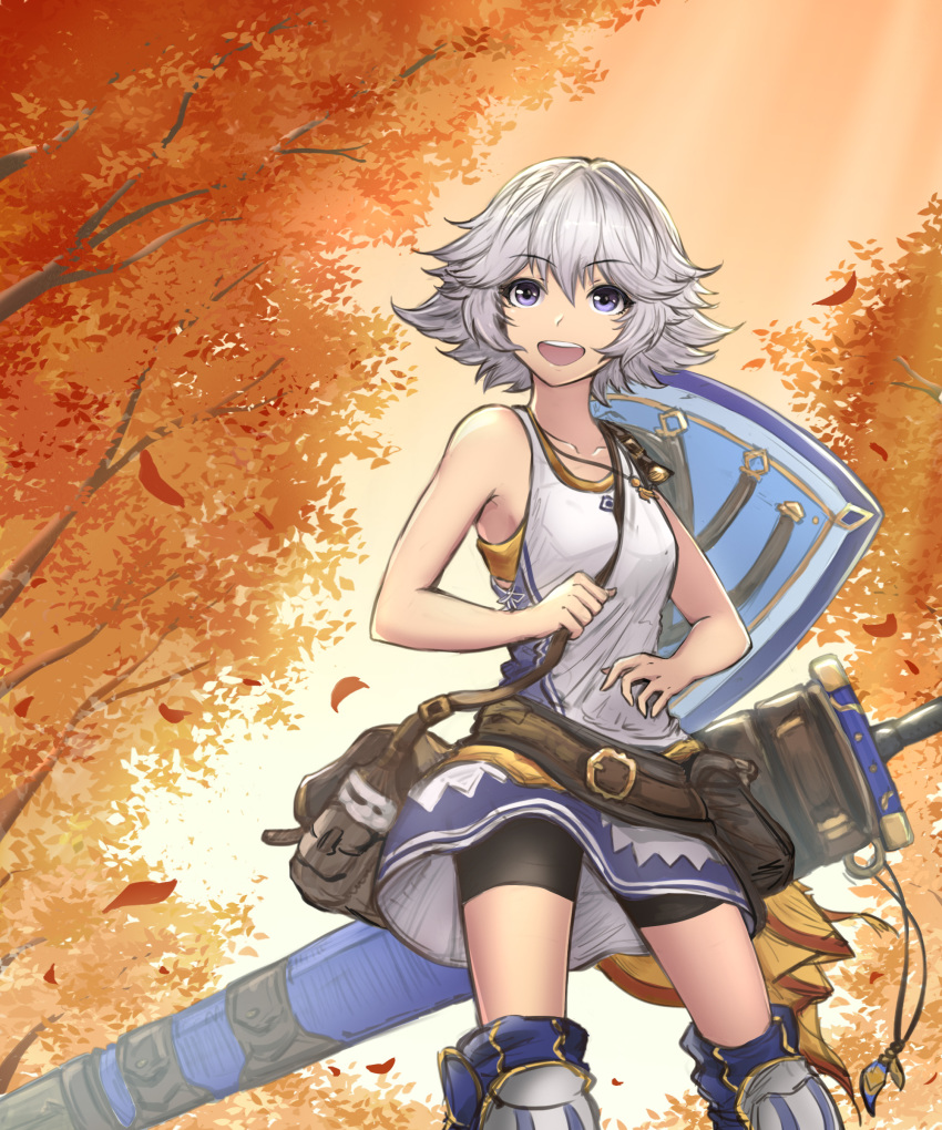 :d absurdres autumn_leaves bike_shorts black_shorts blue_eyes cloud cloudy_sky collarbone commentary_request dress farrah_(granblue_fantasy) female granblue_fantasy hair_between_eyes highres jewelry necklace open_mouth outdoors photoshop_(medium) sheath sheathed shield short_dress short_hair shorts shorts_under_dress sky sleeveless sleeveless_dress smile solo standing sword tree weapon white_dress white_hair yuki7128