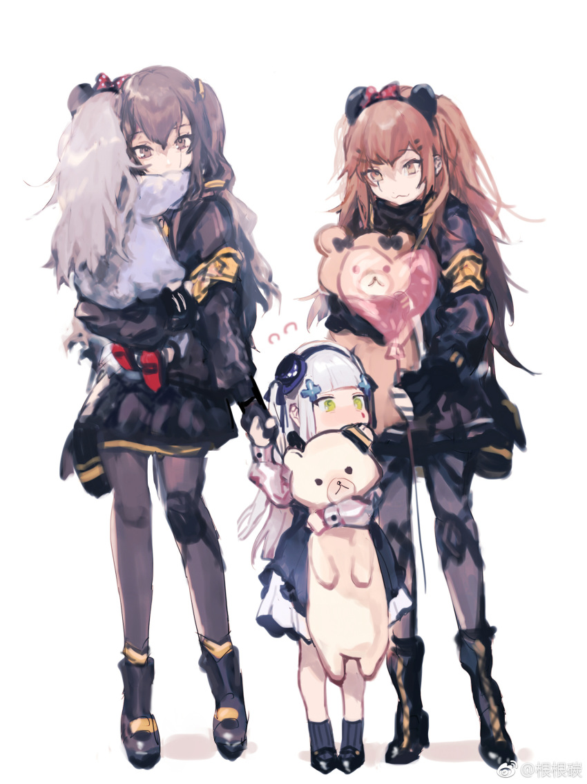 404_(girls'_frontline) 4girls aged_down alternate_costume armband balloon black_footwear black_jacket black_pantyhose blunt_bangs blush brown_eyes brown_hair carrying closed_mouth commentary dress facial_mark g11_(girls'_frontline) gen_gen_tan girls'_frontline green_eyes grey_hair hair_ornament hairband hat heart_balloon highres hk416_(black_kitty's_gift)_(girls'_frontline) hk416_(girls'_frontline) holding holding_hands holding_stuffed_toy jacket long_hair long_sleeves mini_hat multiple_girls official_alternate_costume pantyhose scar scar_across_eye scar_on_face simple_background stuffed_animal stuffed_toy teddy_bear ump45_(girls'_frontline) ump9_(girls'_frontline) weibo_watermark white_background white_hair yellow_armband