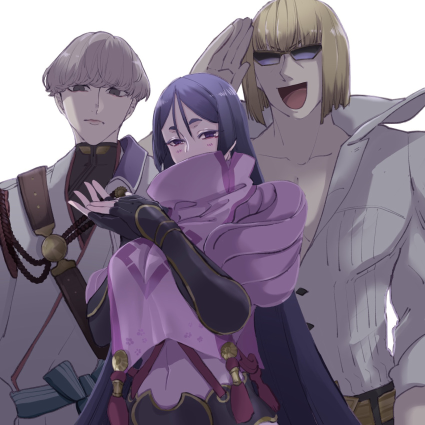 2boys black_gloves blonde_hair bodysuit bowl_cut breasts brown_eyes commentary fate/grand_order fate_(series) female fingerless_gloves gloves grey_hair highres kiyodaruma large_breasts long_hair loose_clothes minamoto_no_raikou_(fate) multiple_boys open_clothes open_shirt parted_bangs purple_bodysuit purple_eyes purple_hair ribbed_sleeves rope sakata_kintoki_(fate) sunglasses tabard very_long_hair watanabe_no_tsuna_(fate)