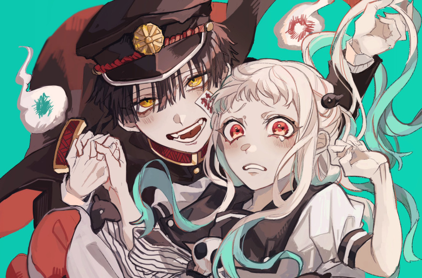 1boy black_hair blurry blurry_background commentary female gakuseibou hair_ornament hanako_(jibaku_shounen_hanako-kun) hat highres jacket jibaku_shounen_hanako-kun kuroume_(aihikarikuroume24) long_hair long_sleeves looking_at_viewer magatama magatama_hair_ornament ofuda open_mouth peaked_cap school_uniform short_sleeves smile very_long_hair yashiro_nene yellow_eyes