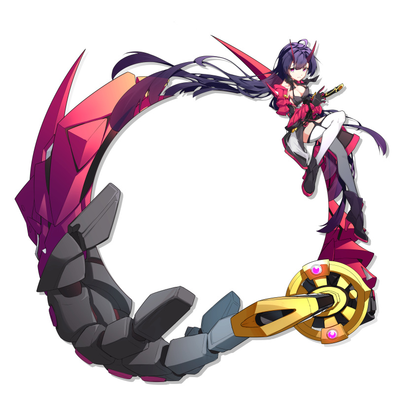 absurdres black_footwear boots breasts cleavage closed_mouth crossed_legs disembodied_hand female full_body gauntlets hair_between_eyes highres holding holding_sword holding_weapon honkai_(series) honkai_impact_3rd horns katana linxi long_hair purple_eyes purple_hair raiden_mei raiden_mei_(herrscher_of_thunder) sheath sheathed single_gauntlet solo sword thighhighs transparent_background very_long_hair weapon white_thighhighs