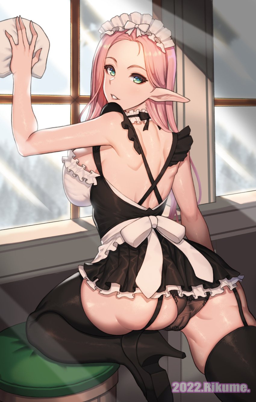 \||/ artist_name ass back bare_arms bare_shoulders black_footwear black_skirt black_thighhighs breasts cameltoe detached_collar elf english_commentary female forehead frilled_skirt frills garter_straps green_eyes grin hair_behind_ear high_heels highres indoors large_breasts long_hair long_pointy_ears looking_at_viewer lost_ark maid maid_headdress microskirt on_one_knee pink_hair pointy_ears rikume see-through shadow sideboob skirt smile solo standing standing_on_one_leg stool thick_thighs thighhighs thighs v-shaped_eyebrows window