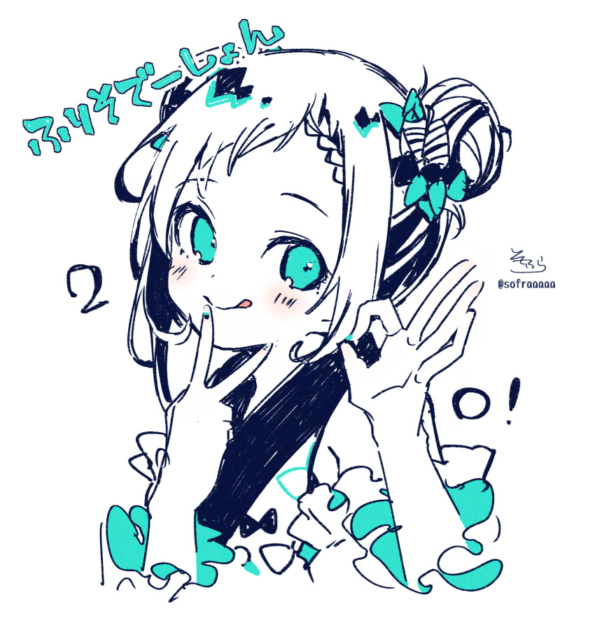 :q aiba_uiha blue_bow blue_eyes blue_nails blush bow braid braided_bangs closed_mouth commentary_request double_bun female hair_bun hairbow hands_up highres long_sleeves monochrome nijisanji ok_sign portrait signature simple_background smile sofra solo swept_bangs tongue tongue_out translation_request twitter_username v virtual_youtuber white_background