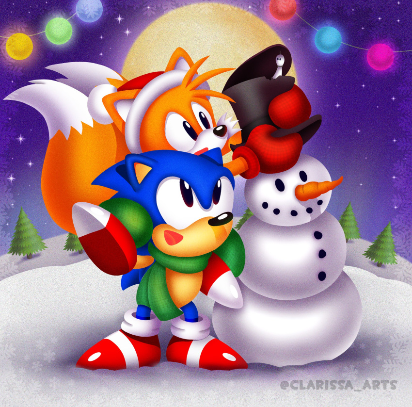 2019 anthro black_eyes blue_body blue_fur canid canine carrying_another christmas christmas_clothing christmas_headwear clarissa_arts classic_sonic classic_sonic_(universe) classic_tails clothing duo eulipotyphlan footwear fox fur green_scarf handwear hat headgear headwear hedgehog hi_res holidays male mammal mittens moon on_model on_shoulders open_mouth open_smile outside plant santa_hat scarf sega shoes smile snow snowman sonic_the_hedgehog sonic_the_hedgehog_(series) standing tails thin_calves thin_legs thin_thighs top_hat tree white_body white_fur yellow_body yellow_fur