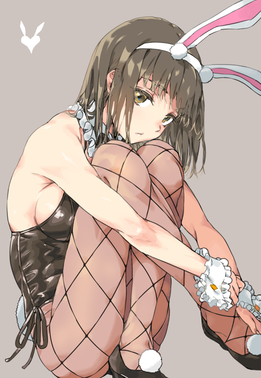 absurdres animal_ears black_footwear black_hair black_leotard breasts brown_eyes closed_mouth collar commentary crossed_legs detached_collar fake_animal_ears fake_tail female fishnet_pantyhose fishnets frilled_collar frilled_cuffs frills haimura_kiyotaka high_heels highres hugging_own_legs leotard looking_at_viewer medium_breasts medium_hair official_alternate_costume pantyhose playboy_bunny rabbit_ears rabbit_tail side-tie_leotard sideboob simple_background sitting solo tail takitsubo_rikou toaru_majutsu_no_index toaru_majutsu_no_index:_imaginary_fest white_wrist_cuffs wrist_cuffs