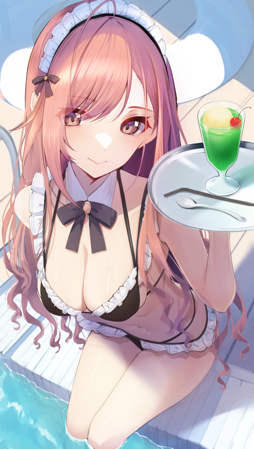 absurdres ahoge arisugawa_natsuha bikini blush breasts cleavage detached_collar drinking_straw female highres holding holding_tray idolmaster idolmaster_shiny_colors juice long_hair looking_at_viewer maid maid_bikini maid_headdress medium_breasts megurumiru navel neck_ribbon open_mouth pool ribbon smile soaking_feet solo spoon swimsuit tray unconventional_maid very_long_hair wavy_hair