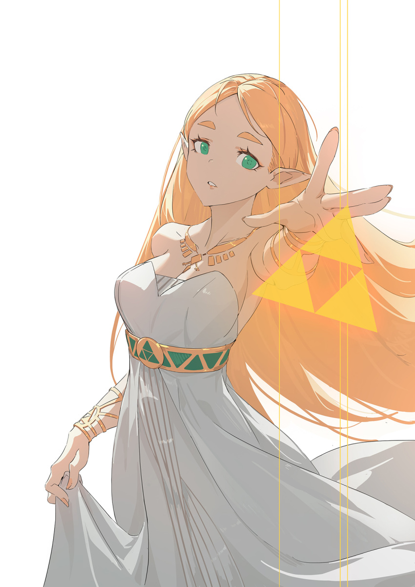 bare_shoulders blonde_hair bracelet breasts commentary dress female green_eyes highres huang_(volt0526) jewelry long_hair looking_at_viewer medium_breasts orange_nails parted_lips pointy_ears princess_zelda reaching reaching_towards_viewer sash solo strapless strapless_dress the_legend_of_zelda the_legend_of_zelda:_breath_of_the_wild triforce very_long_hair white_background white_dress wind