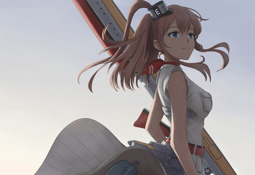 belt blue_eyes breast_pocket breasts brown_hair closed_mouth dress female flight_deck high_side_ponytail kantai_collection long_hair medium_breasts pocket ponytail rigging saratoga_(kancolle) simple_background sleeveless sleeveless_dress smokestack smokestack_hair_ornament solo taruya upper_body white_dress