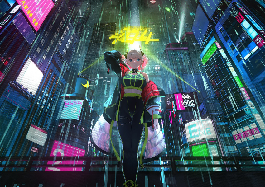 arm_behind_head bad_id bad_twitter_id blonde_hair blue_eyes braid breasts city colored_inner_hair commentary_request cyberpunk female from_below highres hologram horns jacket large_breasts looking_at_viewer looking_down multicolored_hair off_shoulder original parted_lips pink_hair rain solo space_invaders takubon thigh_gap