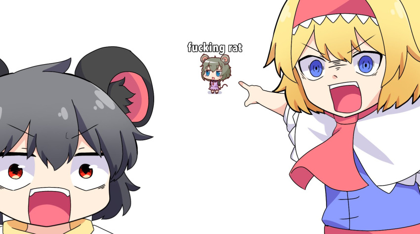 3girls alice_margatroid alternate_costume ascot bad_id bad_twitter_id blonde_hair blue_eyes capelet commentary cookie_(touhou) dress english_text fake_nyon_(cookie) grey_hair hairband highres ichigo_(cookie) jewelry looking_at_viewer meme multiple_girls nazrin nyon_(cookie) open_mouth pendant pink_dress pointing pointing_at_another profanity red_ascot red_eyes red_hairband red_sash sash short_hair simple_background totozame touhou two_soyjaks_pointing_(meme) upper_body white_background white_capelet