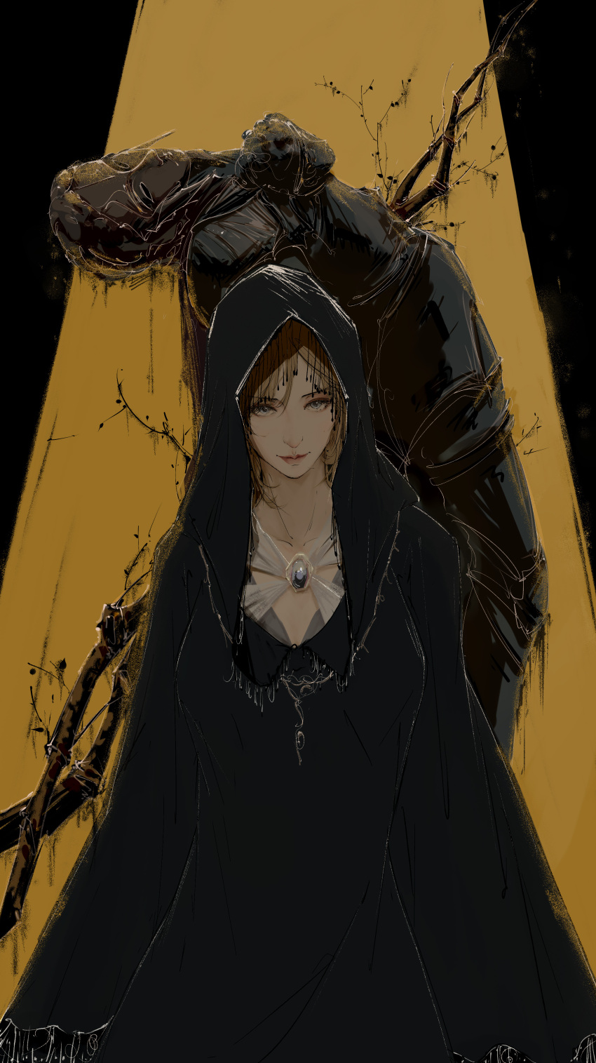 1boy absurdres armor black_cloak black_dress blonde_hair blue_brooch blue_eyes cloak d_hunter_of_the_dead death dress elden_ring female fia_the_deathbed_companion fringe_trim highres hood hood_up impaled looking_at_viewer medium_hair nao_tou_di_guan straight_hair veil yellow_background