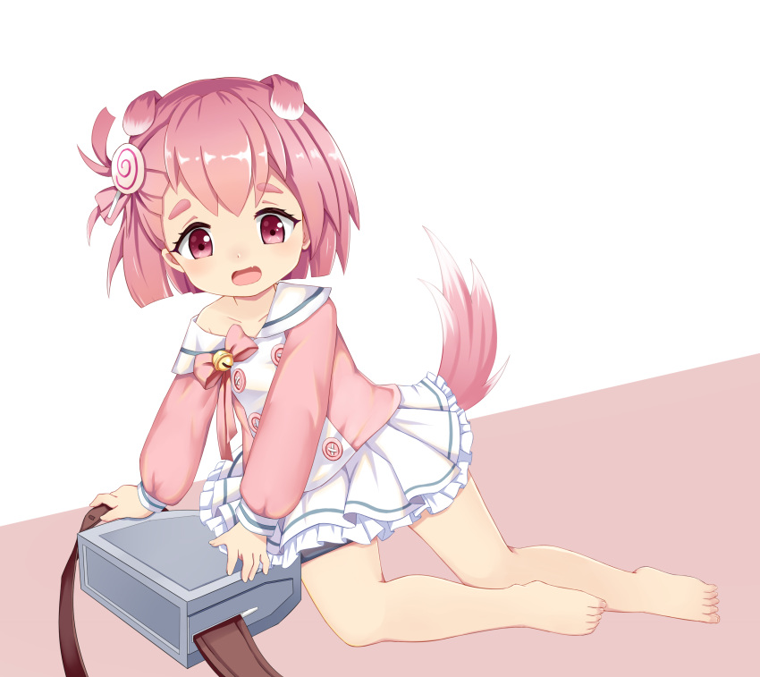 absurdres all_fours animal_ears azur_lane barefoot bell commentary_request dog_ears dog_tail feet female hair_ornament highres jingle_bell miniskirt off_shoulder open_mouth pink_eyes pink_hair pink_shirt school_uniform shirt short_hair side_ponytail simple_background skirt solo tail the_hermit toes uzuki_(azur_lane) white_background white_skirt