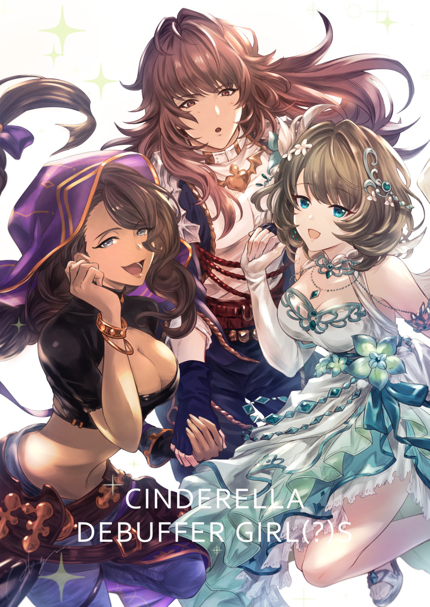 1boy 2girls bracelet braid breasts brown_hair cleavage cleavage_cutout clothing_cutout crop_top dark-skinned_female dark_skin dress elbow_gloves fingerless_gloves gloves granblue_fantasy green_dress highres holding_hands idolmaster idolmaster_cinderella_girls jewelry large_breasts long_hair md5_mismatch midriff mole mole_under_eye multiple_girls necklace resolution_mismatch source_smaller sparkle tabina_(granblue_fantasy) takagaki_kaede trait_connection yotsubaya yurius_(shingeki_no_bahamut)